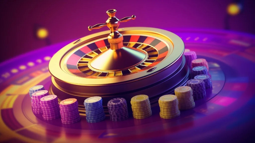 Golden roulette wheel with stacks of colorful casino chips on a purple neon-lit casino background — featured image for PH365 games guide
