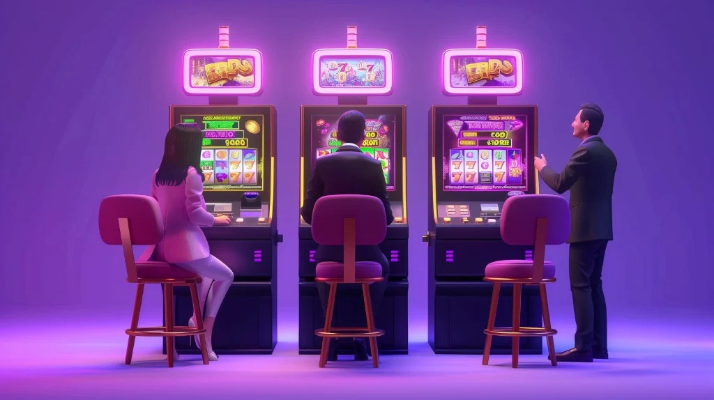 Stylised 3D casino scene with three slot machines and players under purple and pink neon lighting — PH365 game providers guide