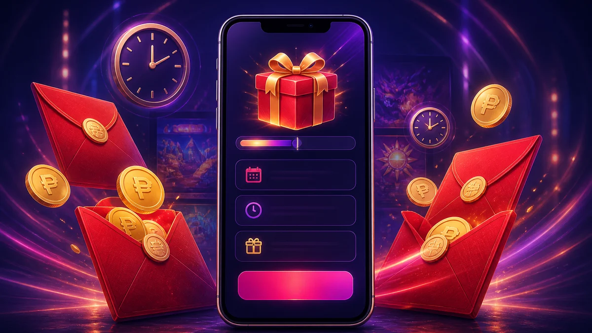 Red PH365 bonus envelopes beside a mobile phone showing peso rewards and claim times